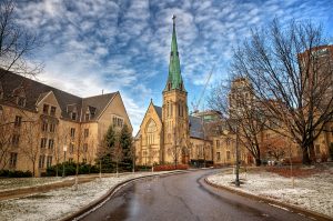 St. Basil's Church located at 50 St. Joseph Street in Toronto. Gothic Revival church with North Country Unfading Black slate roof