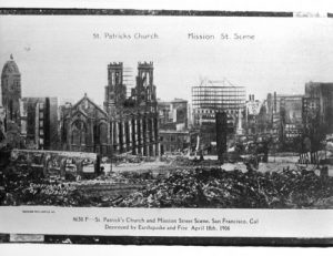 Old picture of damage to Saint Patrick's Church in San Francisco and surrounding area