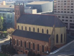 View from above showing the natural roofing slates, North Country Unfading Black, installed on the Saint Patrick's Catholic Church in San Francisco