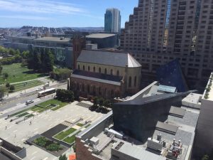 Arial view of the natural roofing slate, North Country Unfading Black on the roof of Saint Patrick's Catholic Church