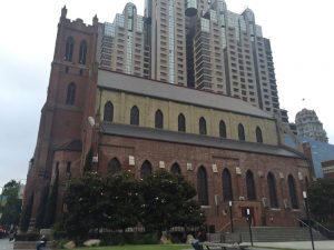 View of the natural slate roof from the side of the Saint Patrick's Catholic Church in San Francisco