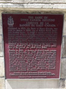 Historic plaque of Toronto's former Bank of Upper Canada building built in 1825-1827
