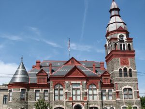 Street view facing front of the Pulaski County Courthouse in Little Rock, Arkansas. North Country Unfading Black slate selected for slate roof replacement.