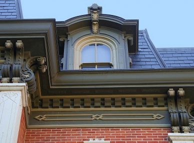 Close up of mansard slate roof at Wheeler mansion. Unfading Black slate roof.